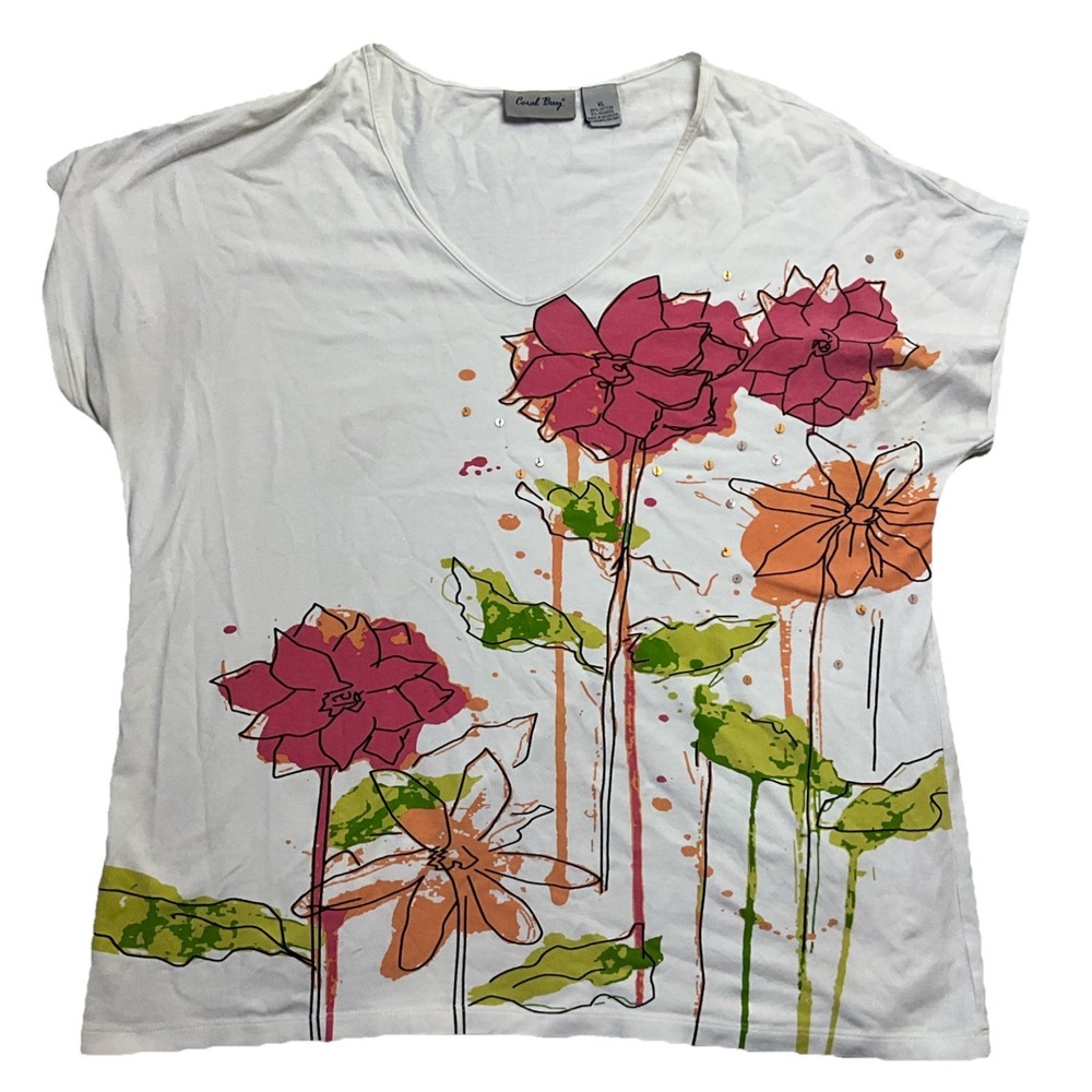 Canal Bay Women's White Flower Sleeveless Tank T-Shirt Size XL